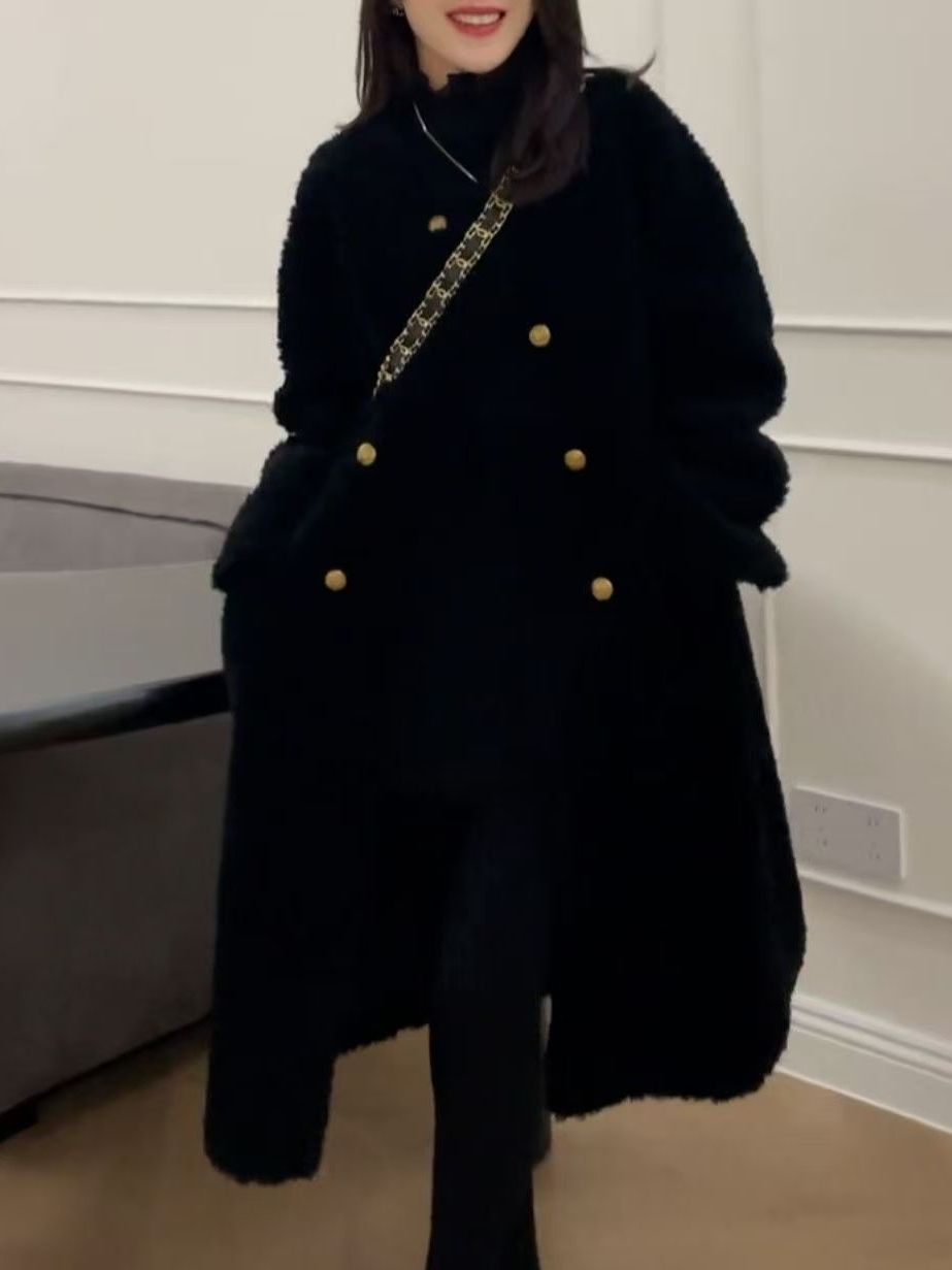 plus Size Mid-Length Lamb Fur  - Wool Coat Peacoat review and price