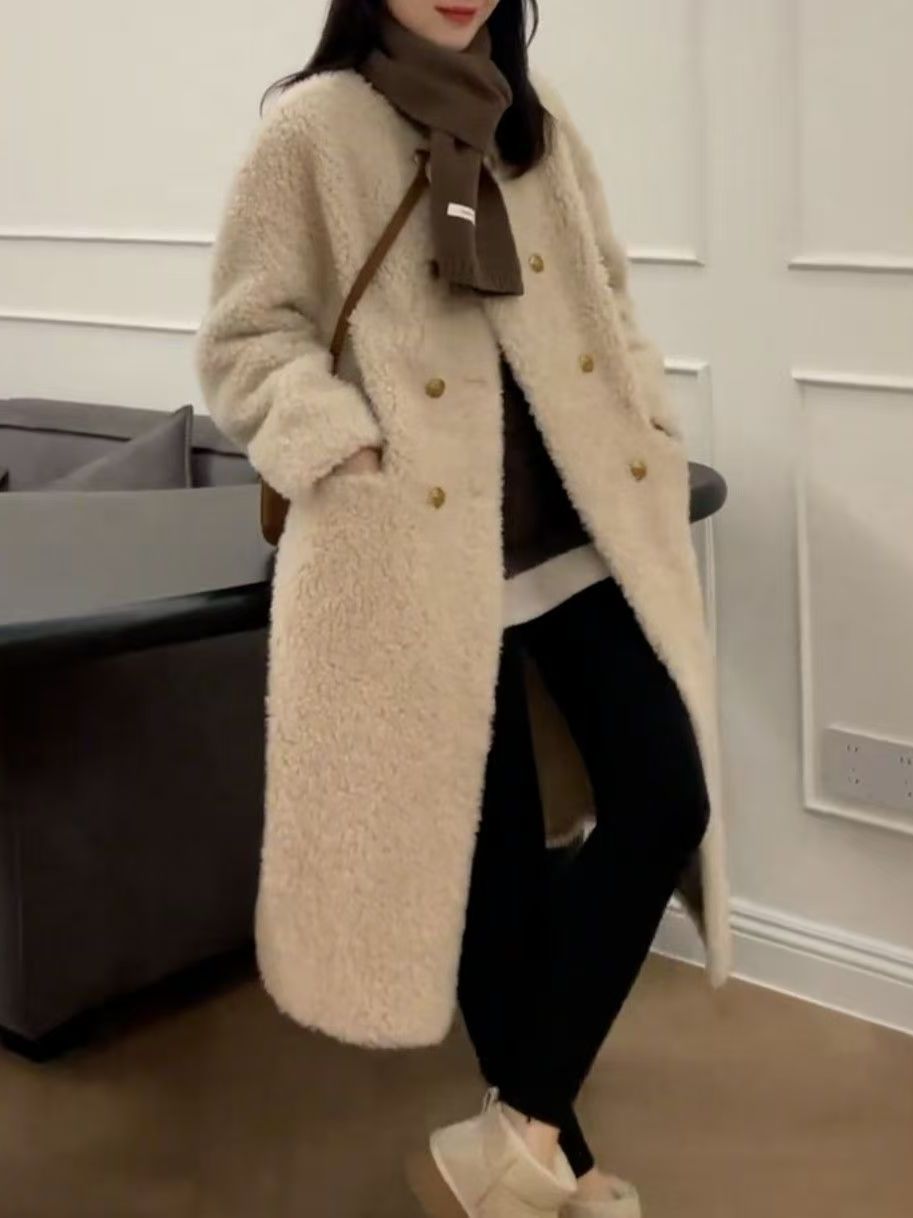 plus Size Mid-Length Lamb Fur  - Wool Coat Peacoat review and price